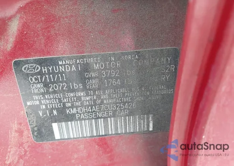 2012 Hyundai Elantra Limited (Ulsan Plant) z USA, uszkodzony, nr VIN KMHDH4AE7CU325426